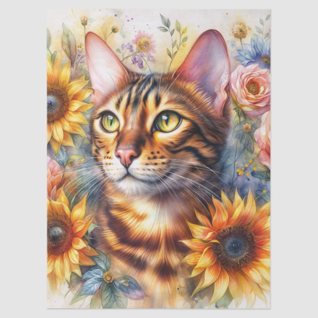 Cat Floral Watercolor Portrait Art Tissue Paper (Front)