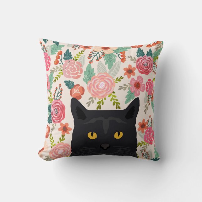 cat florals pillow - black cat cute cat lady gift (Front)