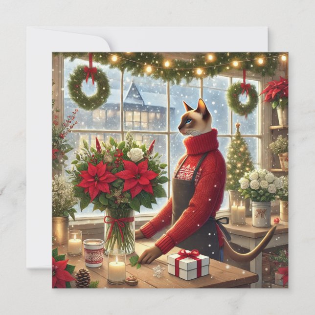 Cat Florist with Flowers Christmas Greeting  Holiday Card (Front)