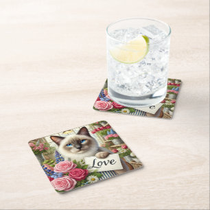 Cat Florist with Love card Square Paper Coaster