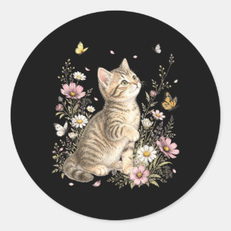 Cat Flower Floral Cute Kitten Vintage Flowers Cat Classic Round Sticker