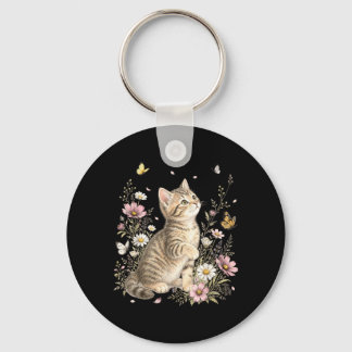 Cat Flower Floral Cute Kitten Vintage Flowers Cat Key Ring