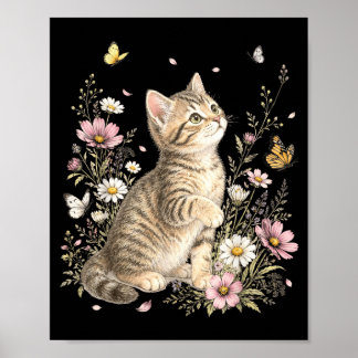 Cat Flower Floral Cute Kitten Vintage Flowers Cat Poster