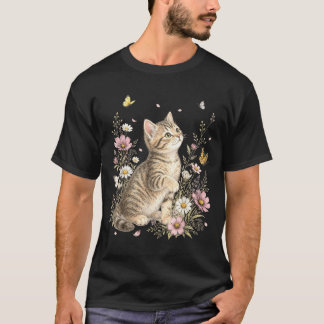 Cat Flower Floral Cute Kitten Vintage Flowers Cat T-Shirt