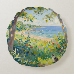 Cat Flowers And Sea Round Cushion