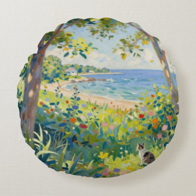 Cat Flowers And Sea Round Cushion (Front)