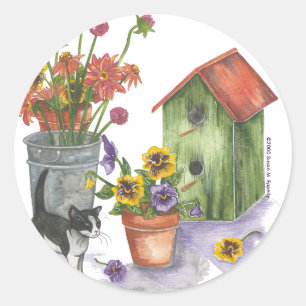 Cat Flowers Birdhouse Watercolor "Willie" Classic Round Sticker