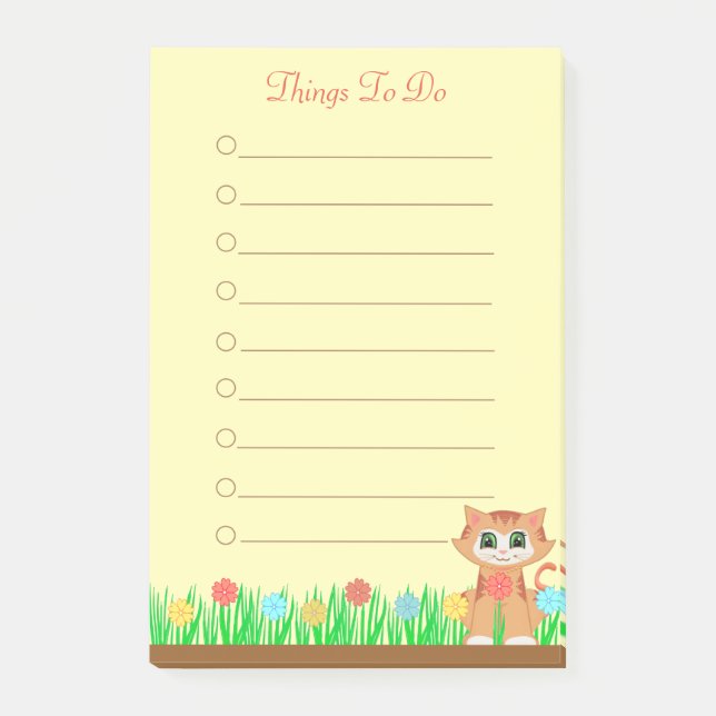 Cat. Flowers & Grass Personalised Things To Do Post-it Notes (Front)