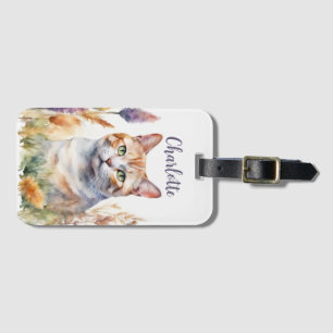 Cat Flowers Watercolor Add Name Lavender Orange Luggage Tag