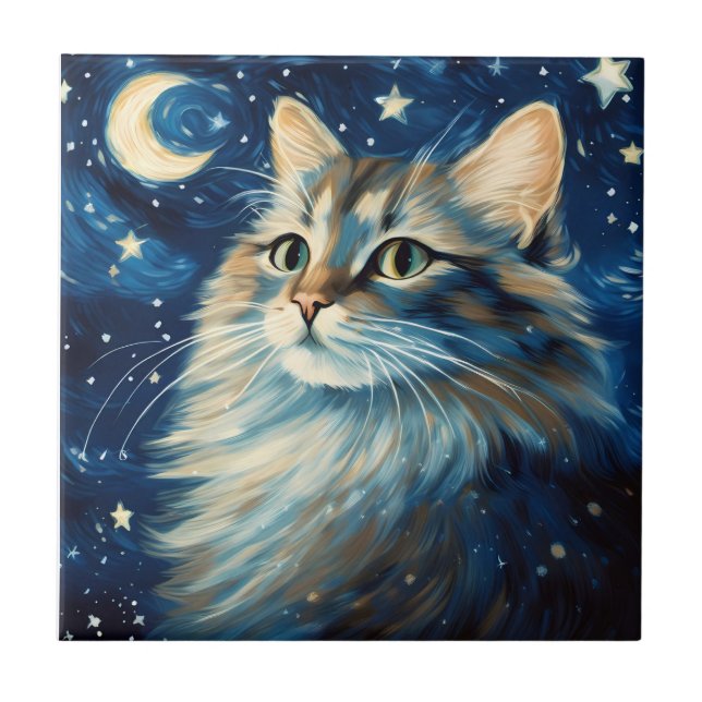 Cat fluffy art in night ceramic tile (Front)