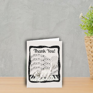 Cat Fluffy Tail on Piano Keys Black White Dots Thank You Card