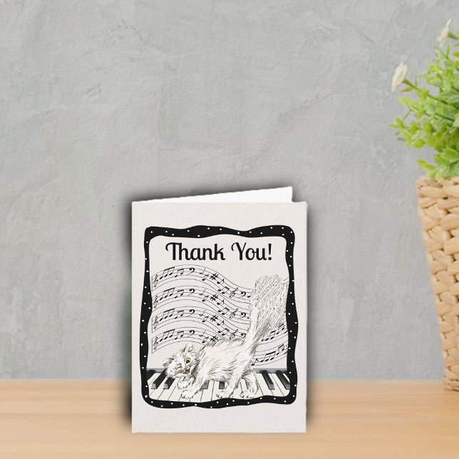 Cat Fluffy Tail on Piano Keys Black White Dots Thank You Card (White cat fluffy tail on piano music note bars wavy black frame on white Thank You cards.)