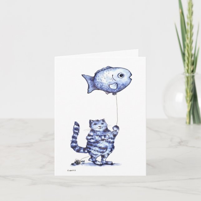 Cat Flying Fish Get Well card (Front)