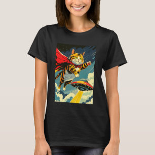 Cat Flying With UFO Novelty Tee, Cute Caped Cat & T-Shirt