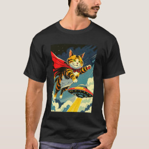 Cat Flying With UFO Novelty Tee, Cute Caped Cat &  T-Shirt