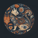 Cat folk art decoration round clock<br><div class="desc">A folk art decoration that represents a cat with flowers.</div>