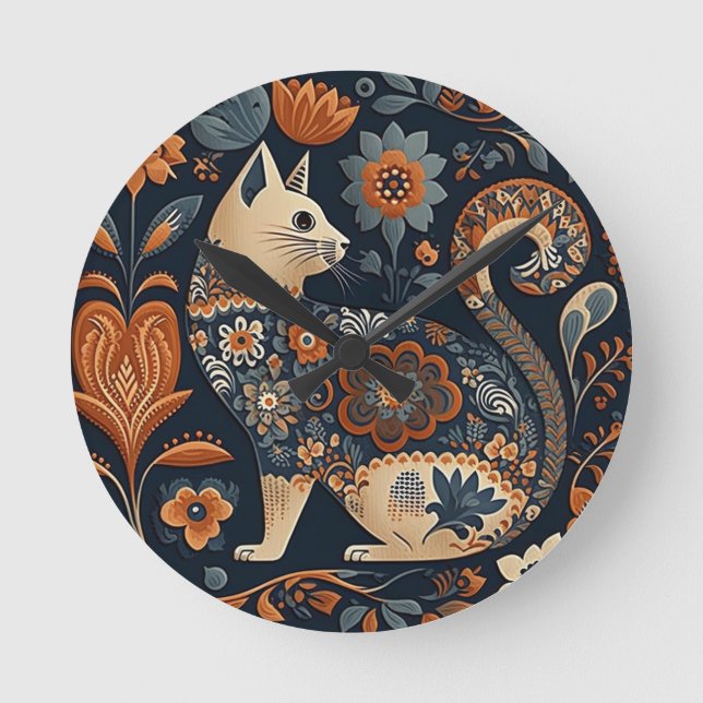 Cat folk art decoration round clock (Front)