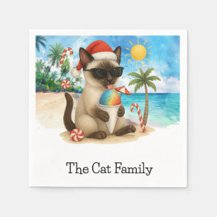 Cat for Christmas in July Beach themed Santa Hat Napkin