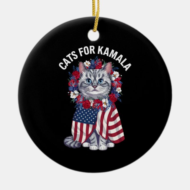 Cat For Kamala Cat Flowers American USA Flag 2024  Ceramic Ornament (Front)