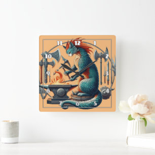 Cat Forging Weapons at a Mediaeval Anvil Square Wall Clock