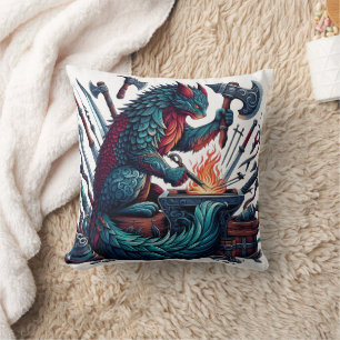 Cat Forging Weapons in an Enchanted Workshop Cushion