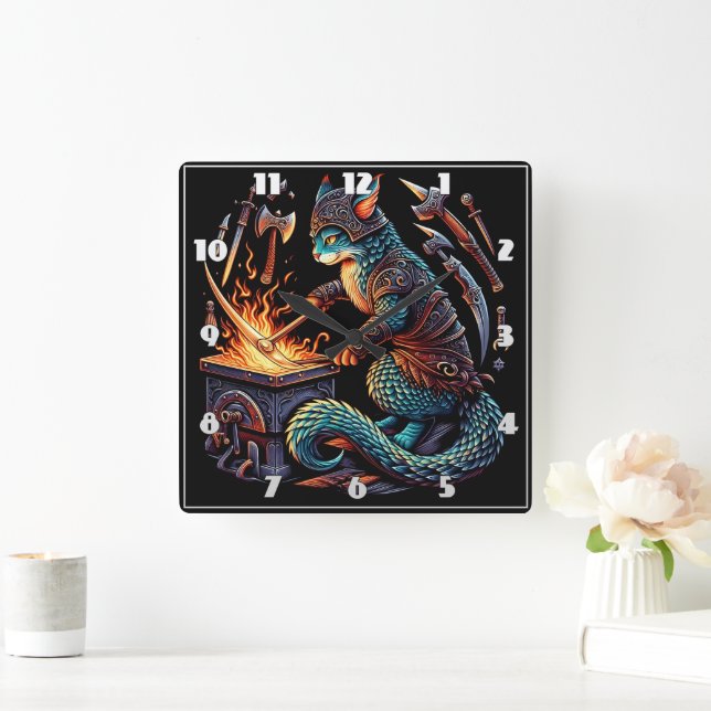 Cat Forging Weapons in Stylish Armour Square Wall Clock (Home)