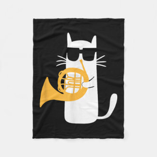 Cat French Horn Funny Cat Lover  Fleece Blanket