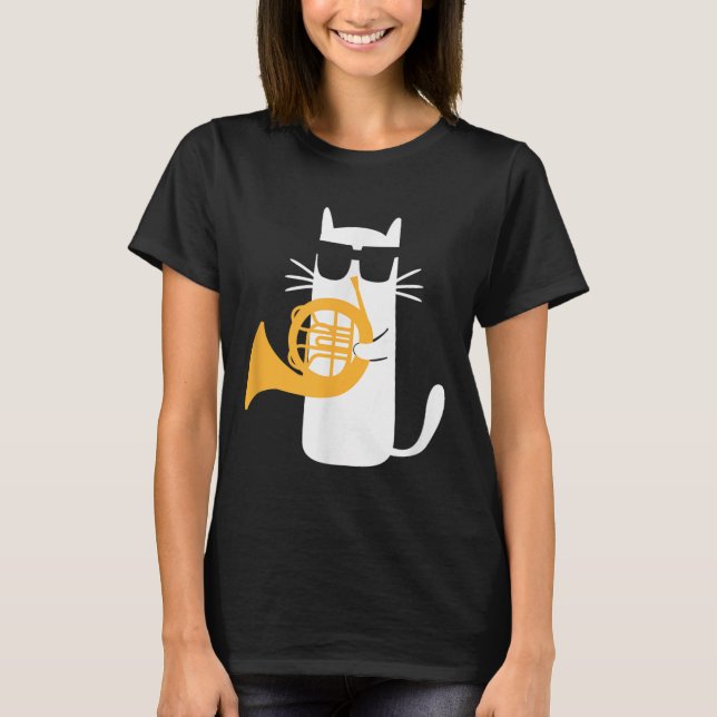 Cat French Horn Funny Cat Lover  T-Shirt (Front)
