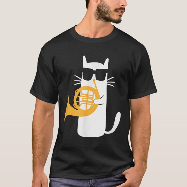 Cat French Horn Funny Cat Lover  T-Shirt (Front)