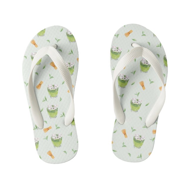 Cat Froth Matcha Green Tea Pattern Kid's Thongs (Footbed)
