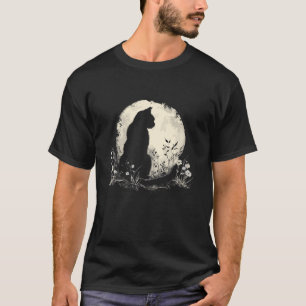 Cat Full Moon Floral Kitten Flowers Cats Halloween T-Shirt