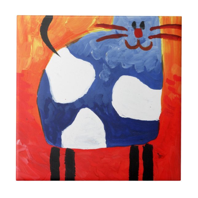 Cat fun drawing painting art handmade tile (Front)