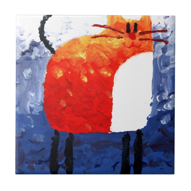 Cat fun drawing painting art handmade tile (Front)