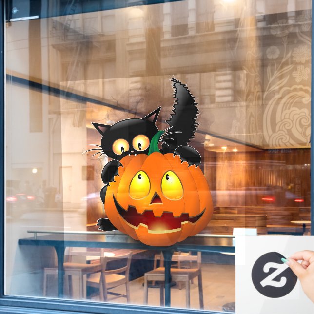 Cat Fun Halloween Character biting a Pumpkin (Cafe Window)