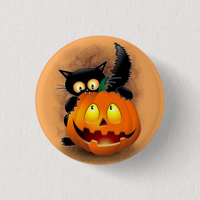 Cat Fun Halloween Character biting a Pumpkin 3 Cm Round Badge (Front)