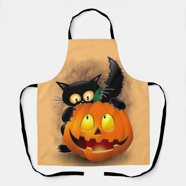 Cat Fun Halloween Character biting a Pumpkin Apron (Front)