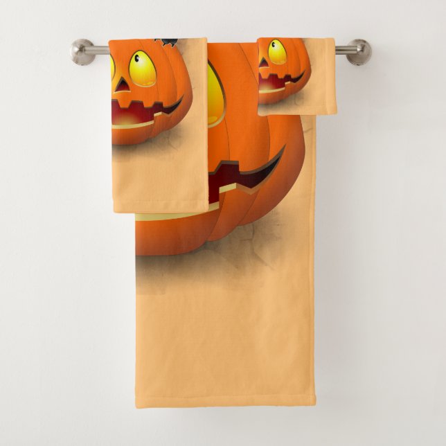 Cat Fun Halloween Character biting a Pumpkin Bath Towel Set (Insitu)