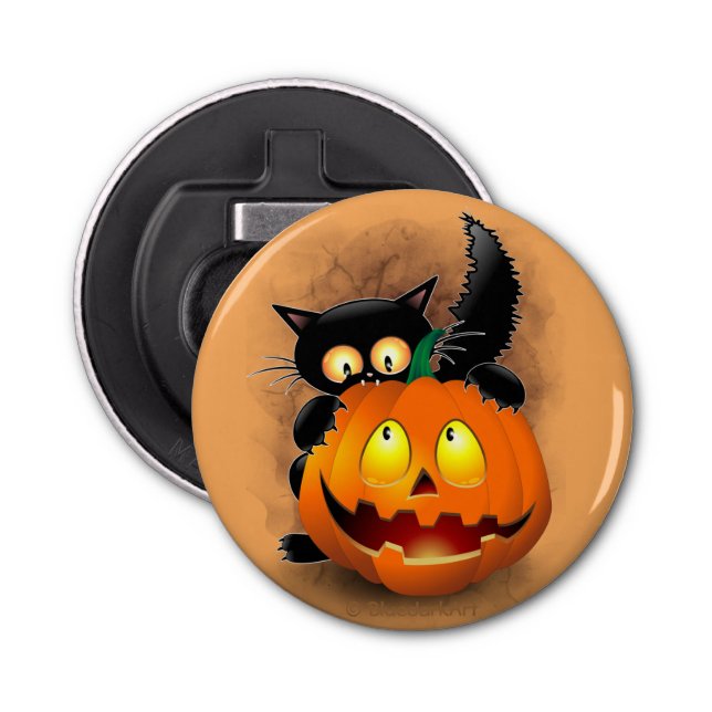 Cat Fun Halloween Character biting a Pumpkin Bottle Opener (Front)