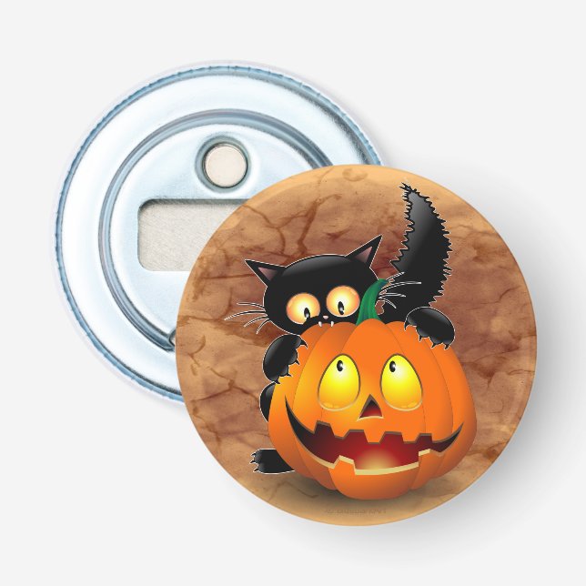 Cat Fun Halloween Character biting a Pumpkin Bottle Opener (Front)