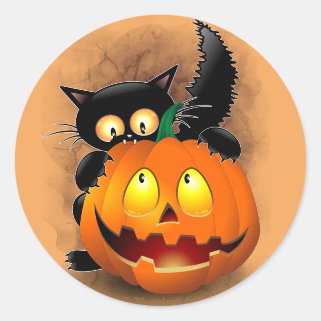 Cat Fun Halloween Character biting a Pumpkin Classic Round Sticker (Front)