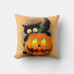 Cat Fun Halloween Character biting a Pumpkin Cushion