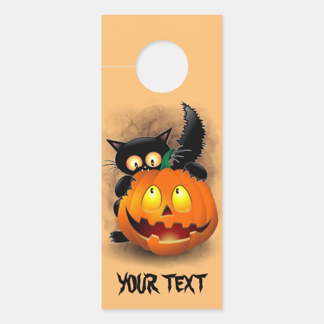 Cat Fun Halloween Character biting a Pumpkin Door Hanger (Front)