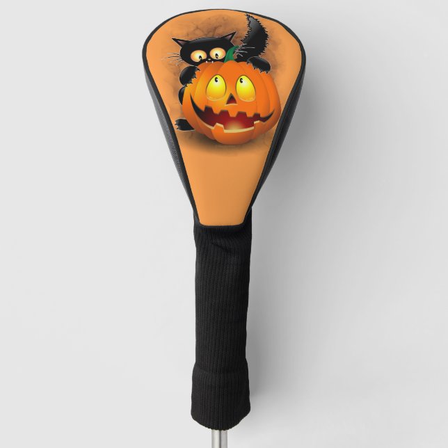 Cat Fun Halloween Character biting a Pumpkin Golf Head Cover (Front)