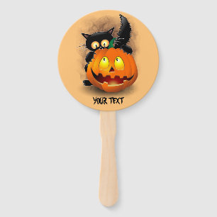 Cat Fun Halloween Character biting a Pumpkin Hand Fan