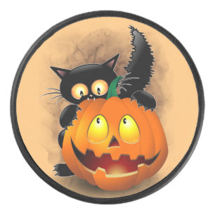 Cat Fun Halloween Character biting a Pumpkin Hockey Puck