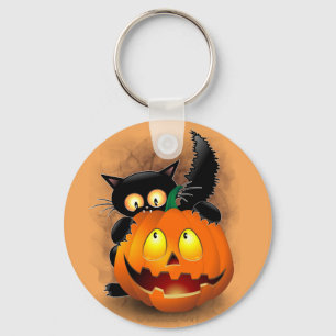 Cat Fun Halloween Character biting a Pumpkin Key Ring