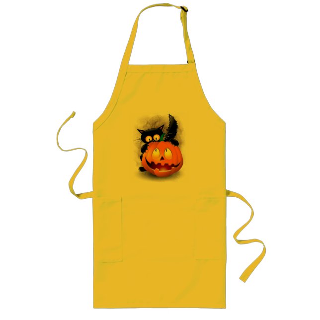 Cat Fun Halloween Character biting a Pumpkin Long Apron (Front)