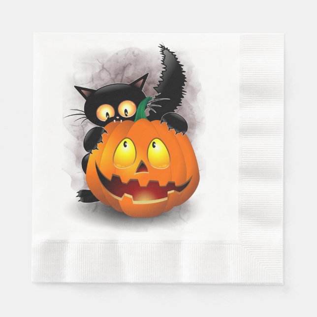 Cat Fun Halloween Character biting a Pumpkin Napkin (Front)