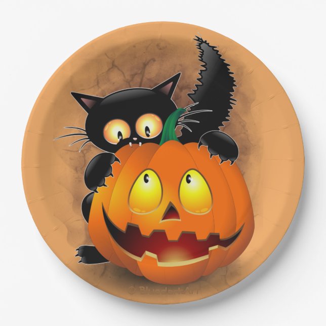 Cat Fun Halloween Character biting a Pumpkin Paper Plate (Front)