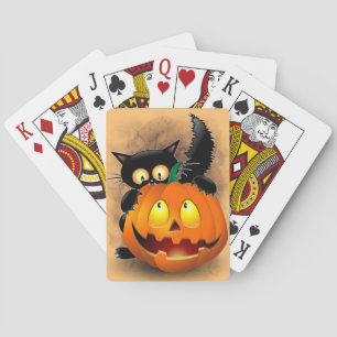 Cat Fun Halloween Character biting a Pumpkin Playing Cards